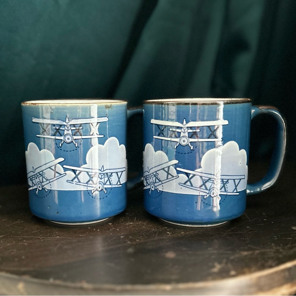 2 Vintage Otagiri Hand Painted Biplanes & Clouds Aviation Coffee Mugs